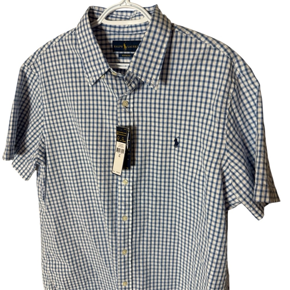 RALPH LAUREN POLO New Seersucker Button Down Short Sleeve Plaid Shirt Blue XL